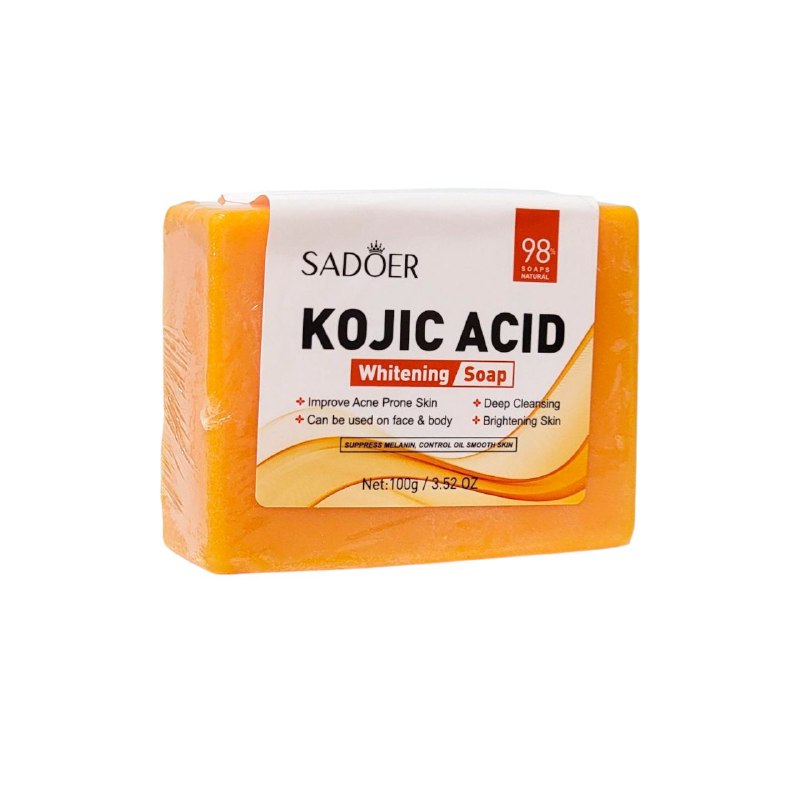 JABON CORPORAL EN BARRA AROMATICO DE ACIDO KOJICO, BLANQUEA PROFUNDAMENTE LA PIEL, LIMPIA Y REFRESCA DE IMPUREZAS, CONTROLA LA GRASA E ILUMINA SADOER 100G