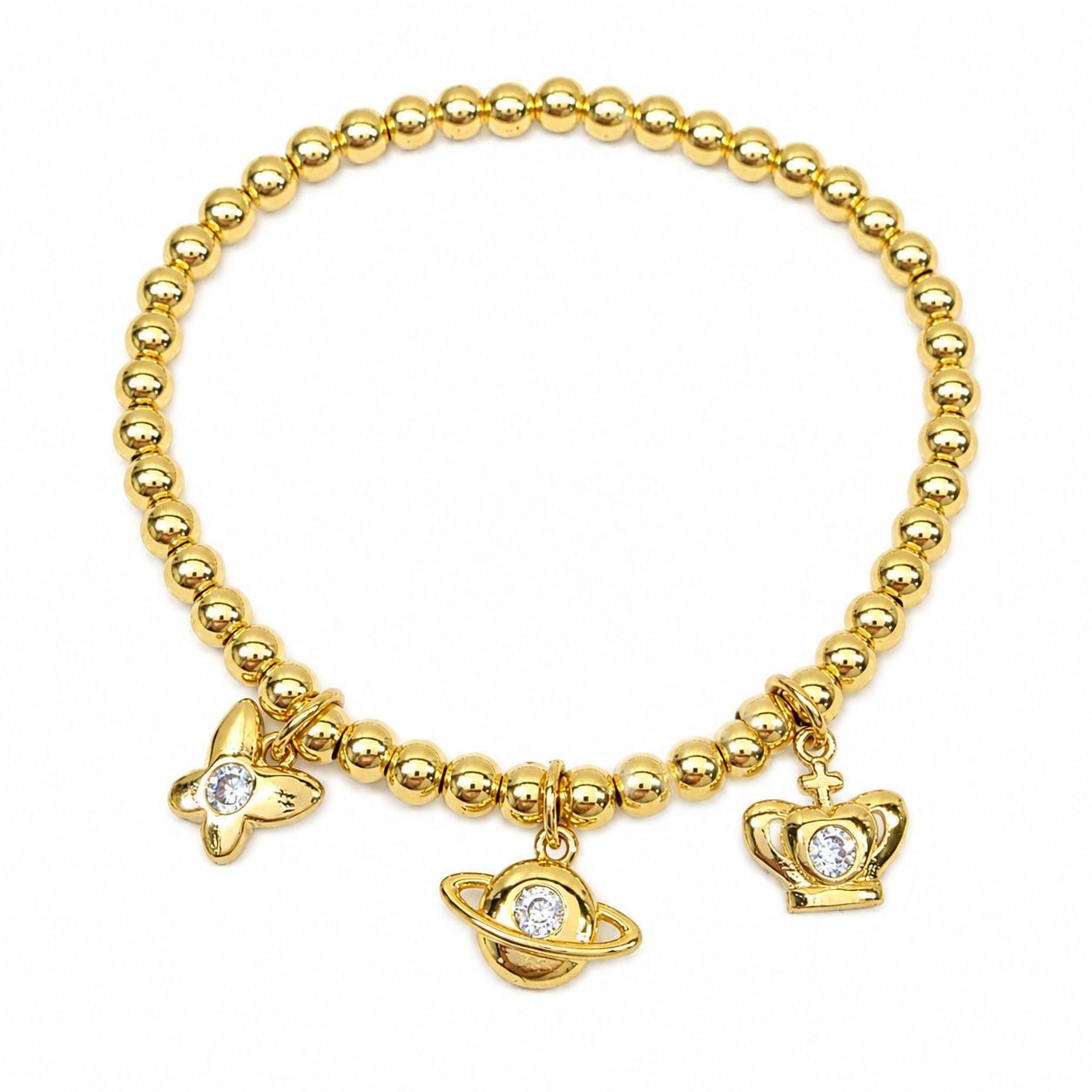 PULSERA DE ENCHAPE PARA DAMA CON DISEÑO DE MARIPOSA, PLANTA Y CORONA