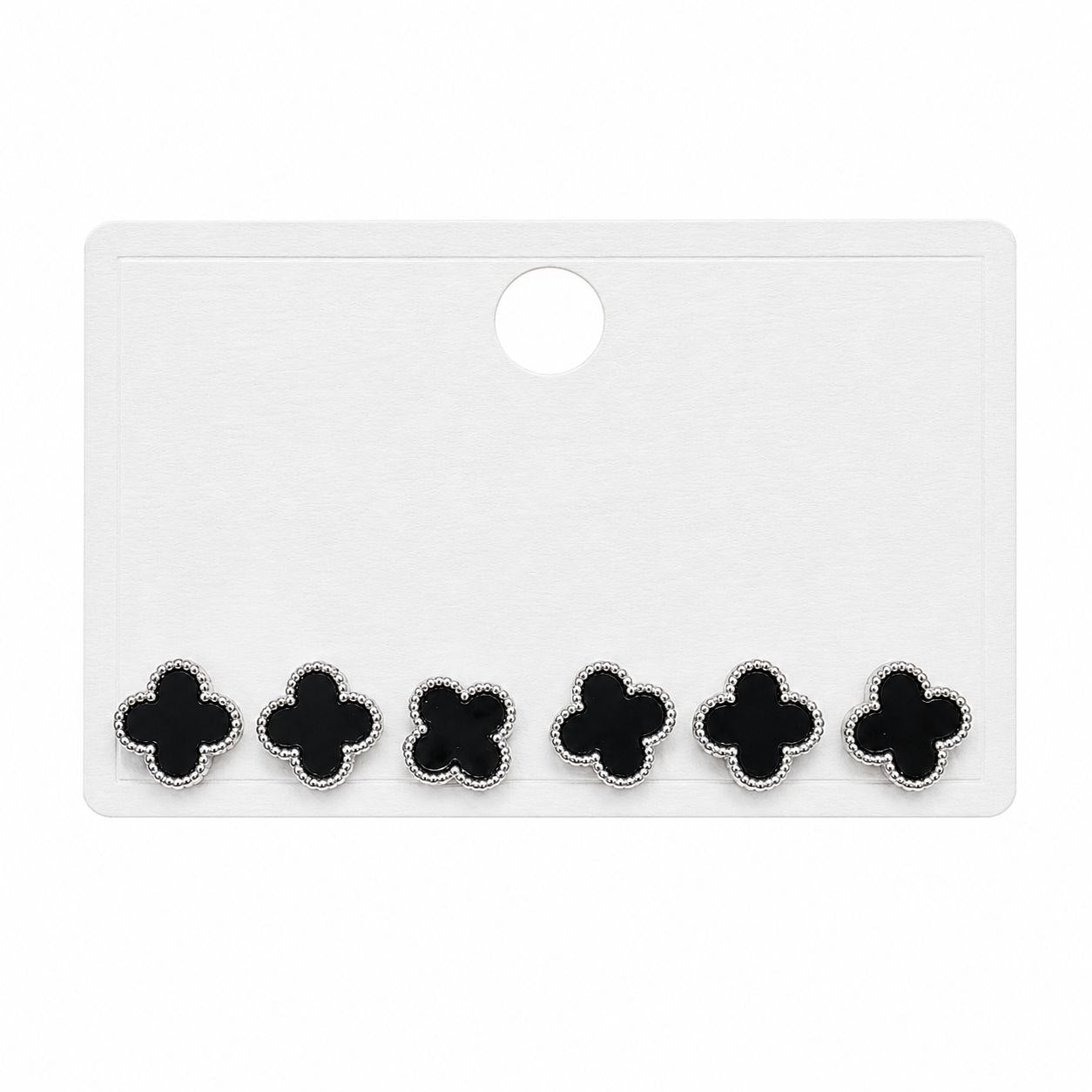 SET DE 3 PARES DE ARITOS DE ENCHAPE PARA DAMA TRÉBOLES DE CUATRO HOJAS ESMALTADOS NEGROS CON BORDE PUNTEADO