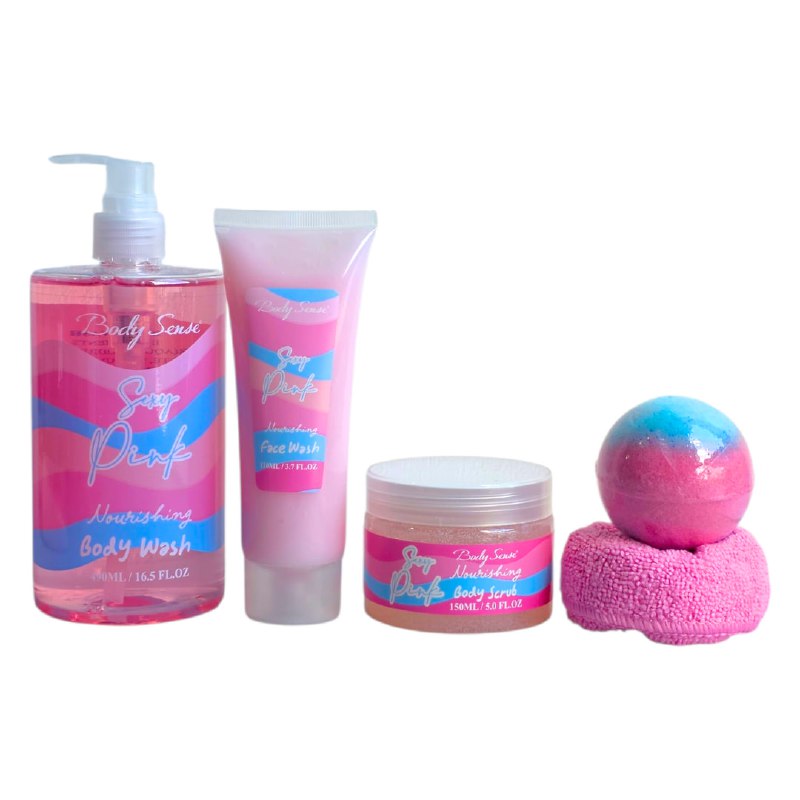 SET DE CUIDADO CORPORAL DE BAÑO, EXFOLIANTE 150ML, LIMPIADOR FACIAL 110ML, GEL DE DUCHA 490ML, TOALLA MANO, BOMBA ESPUMA BODY SENSE