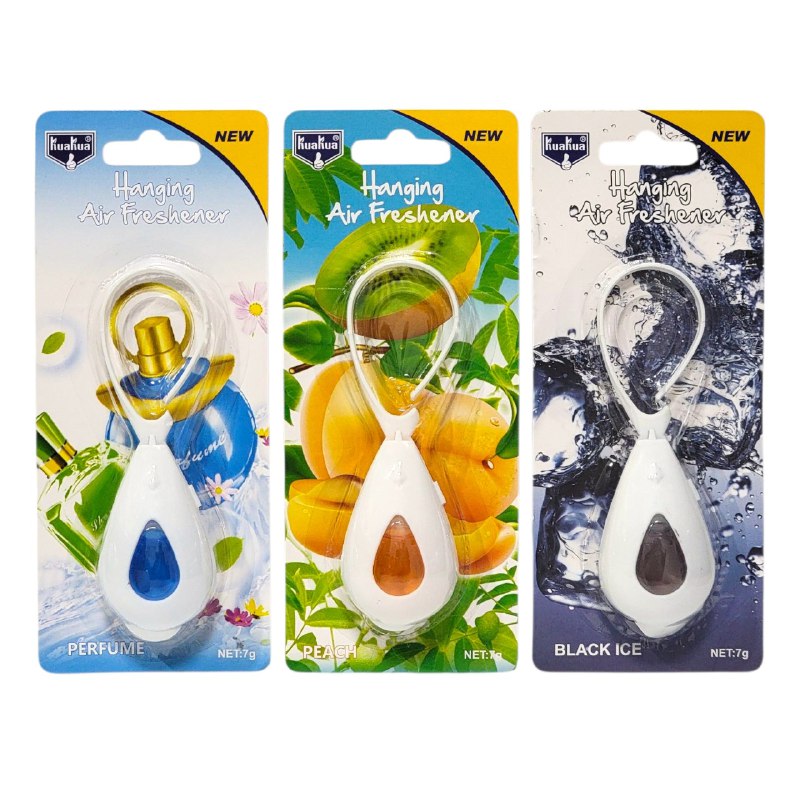 AMBIENTADOR AROMATIZANTE COLGANTE PARA EL CARRO, BAÑO O OFICINA ELEGANTE Y COMPACTO KUAKUA 7G, 3 ESTILOS