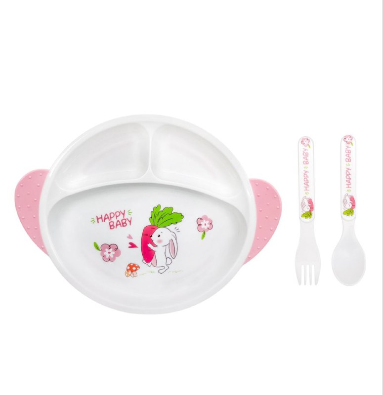 PLATO EN SET INFANTIL PARA BEBES 3 EN 1, PLATO CON COMPARTIMIENTOS, TENEDOR Y CUCHARA