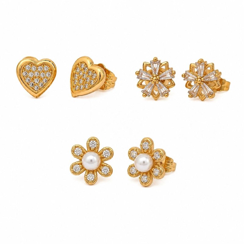 SET DE ARITOS DE ENCHAPE PARA DAMA EN FORMA DE FLOR Y CORAZON