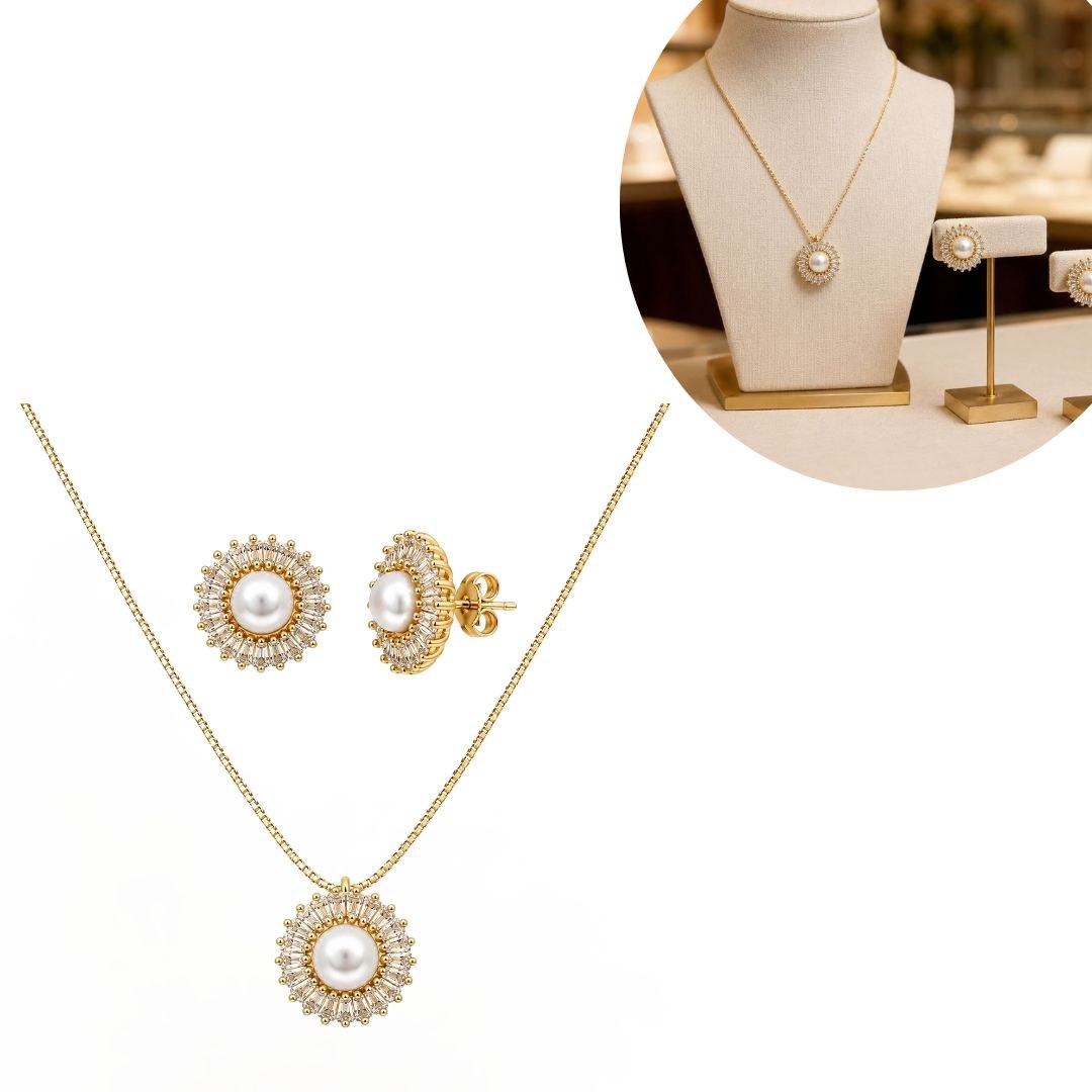 SET DE ENCHAPE PARA DAMA CADENA, DIJE Y TOPOS FLOR DE SOL CON PERLA Y CIRCONES BAGUETTE