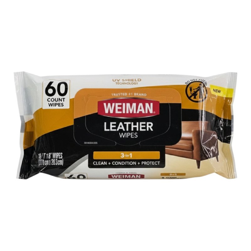 LIMPIADOR TOALLITAS 3 EN 1 QUE LIMPIAN, ACONDICIONAN Y PROTEGEN SUPERFICIES DE CUERO DANDOLE ELASTICIDAD Y BRILLO WEIMAN 60UND