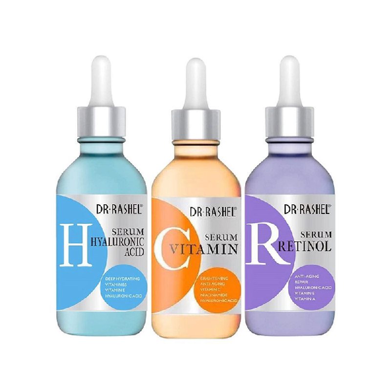 SUERO FACIAL EN SET HIDRATANTE, SUERO DE VITAMINA C, SUERO DE RETINOL, SUERO DE ACIDO HIALURONICO DR RASHEL 30MLX3