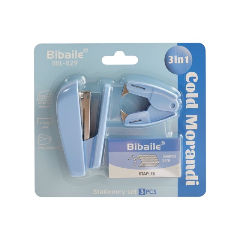 SET DE UTILES DE PAPELERIA PARA NIÑOS 3 EN 1, GRAPADORA, GRAPAS, CORRECTOR, QUITAGRAPAS BIBAILE BBL-829