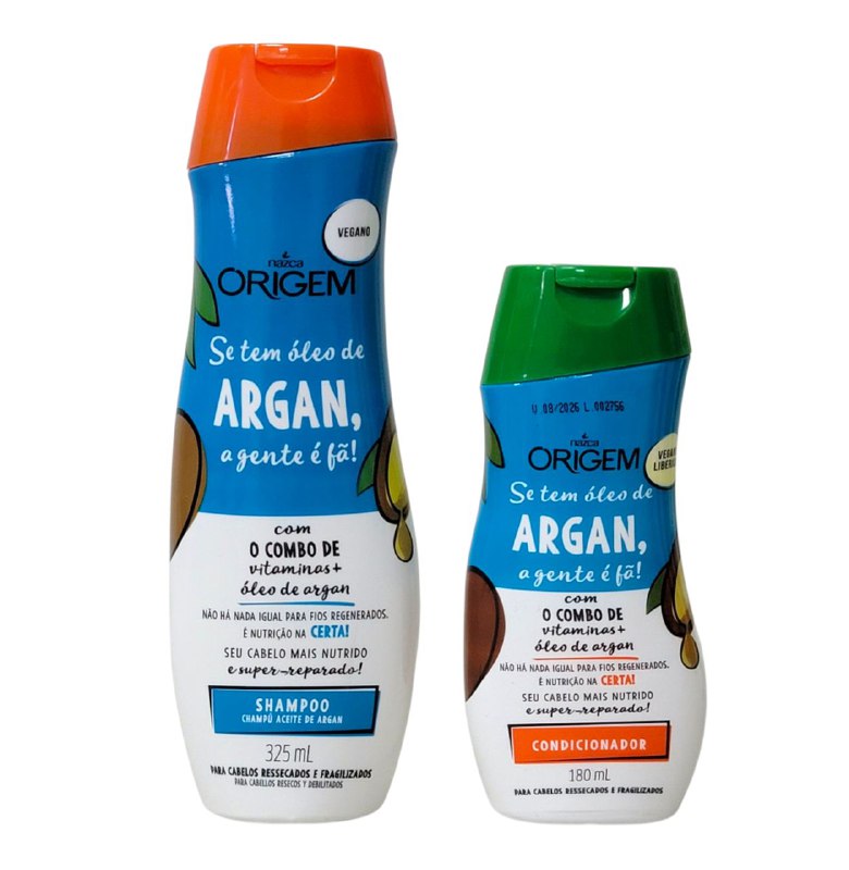 SHAMPOO Y ACONDICIONADOR EN KIT CON VITAMINAS Y ACEITE DE ARGAN NAZCA ORIGEM 325ML, 180ML