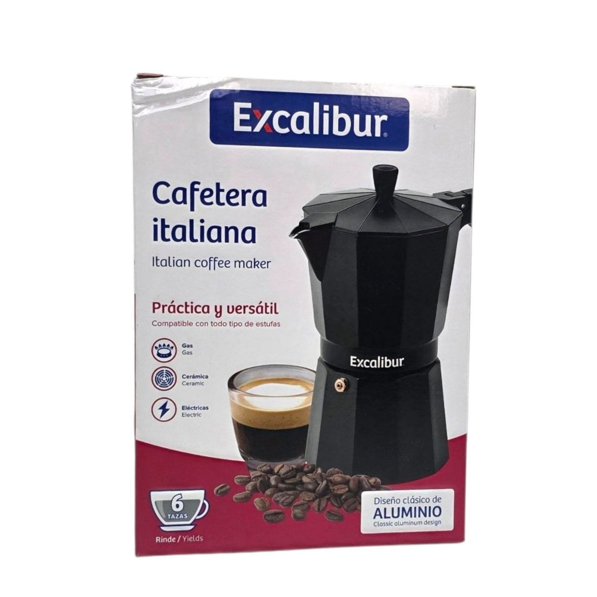 CAFETERA ITALIANA DE ALUMINIO COLOR NEGRO PARA ESPRESSO EXCALIBUR 16X10CM