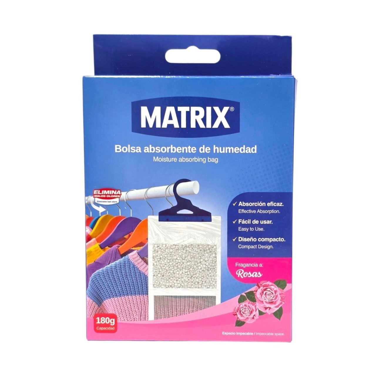 BOLSA DESHUMIFICADORA ABSORBENTE DE HUMEDAD COLGANTE CON AROMA A ROSAS MATRIX 180G