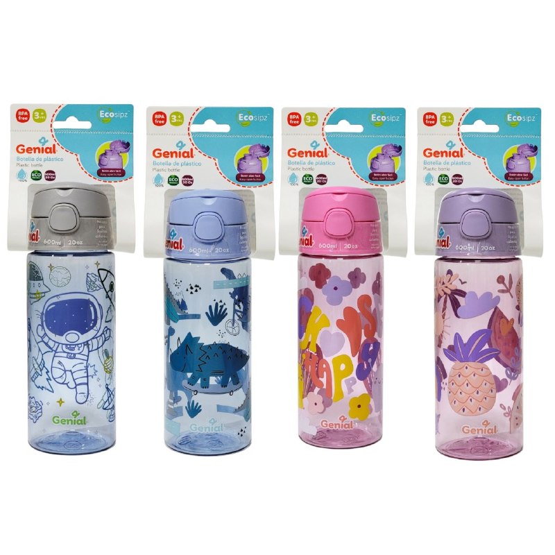 BOTELLA PLASTICA INFANTIL PORTATIL CON BOTON DE APERTURA GENIAL 600ML