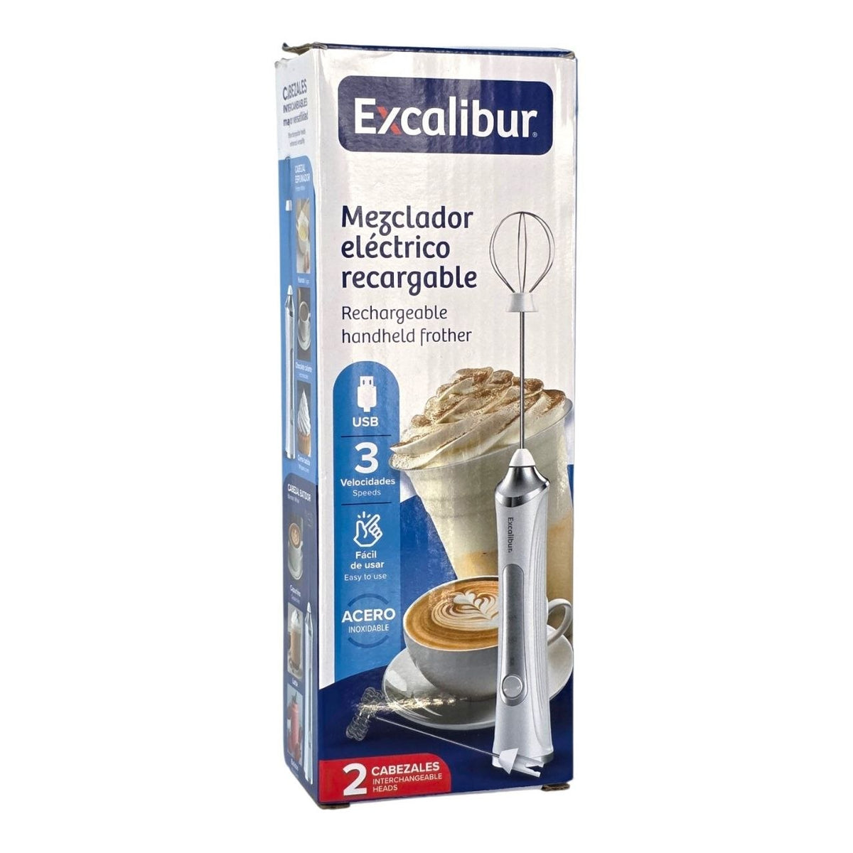 BATIDOR DE MANO ELECTRICO RECARDABLE INALAMBRICO CON 2 CABEZALES EXCALIBUR