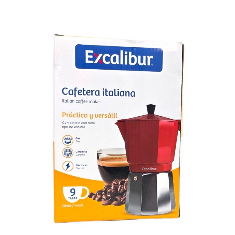 CAFETERA ITALIANA DE ALUMINIO COLOR ROJO PARA ESPRESSO EXCALIBUR 16X10CM