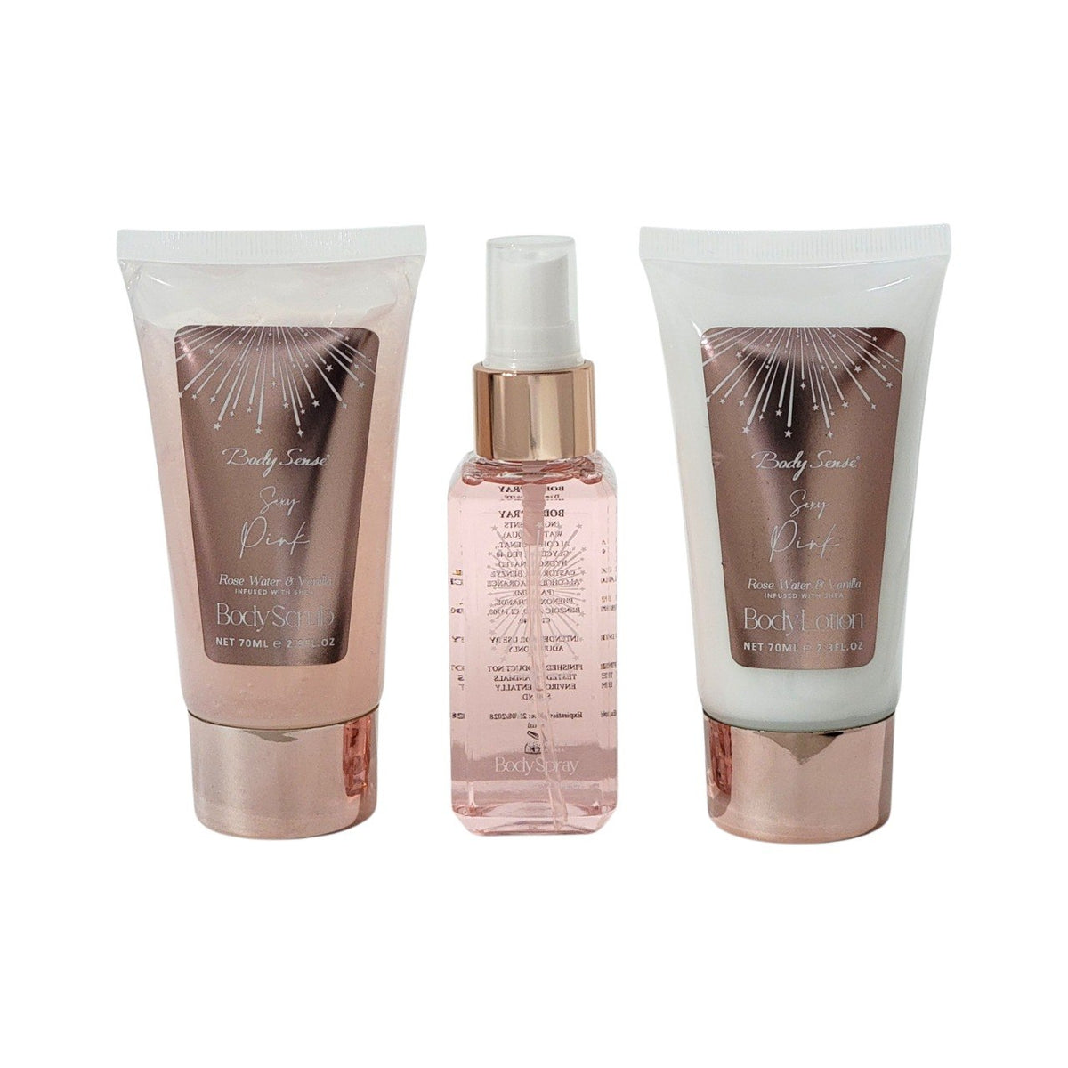 SET DE REGALO DE CUIDADO PERSONAL NUTRITIVO DE VAINILLA Y AGUA DE ROSA 3PCS BODY SENSE