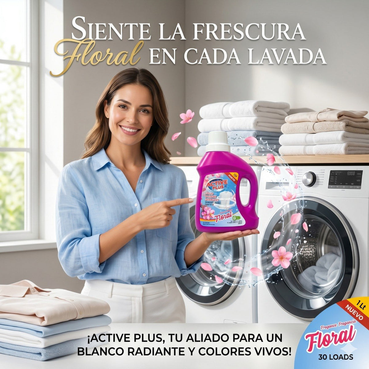 DETERGENTE LIQUIDO CONCENTRADO CON AROMA FLORAL ACTIVE PLUS 1L