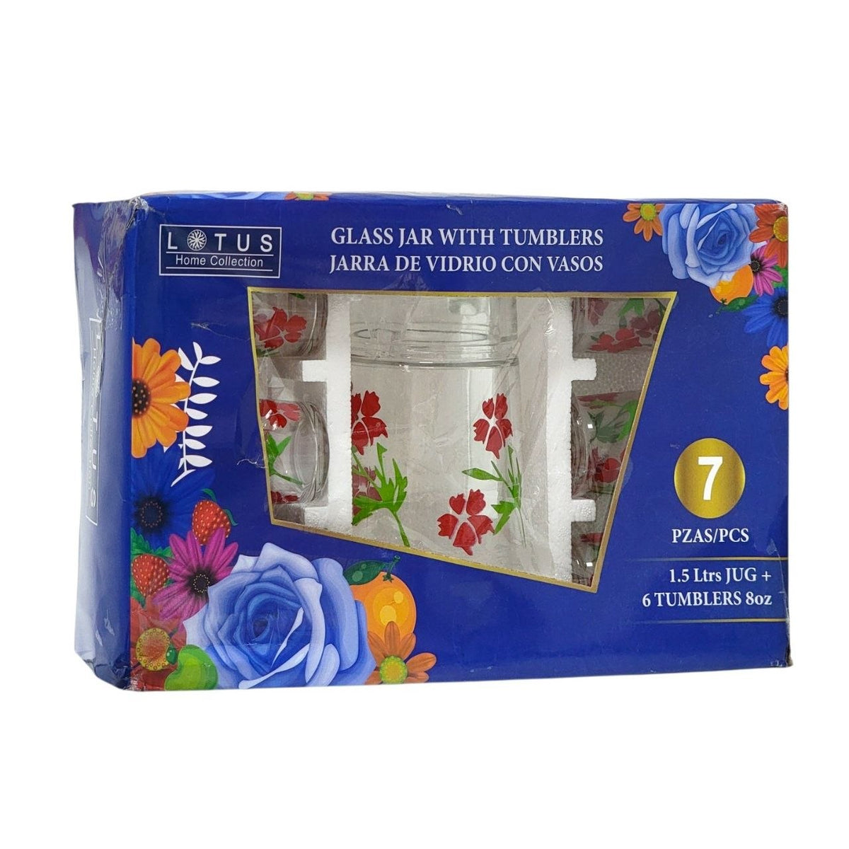 JUEGO DE JARRA Y VASOS DE VIDRIO CON DISEÑO FLORAL 7PCS LOTUS