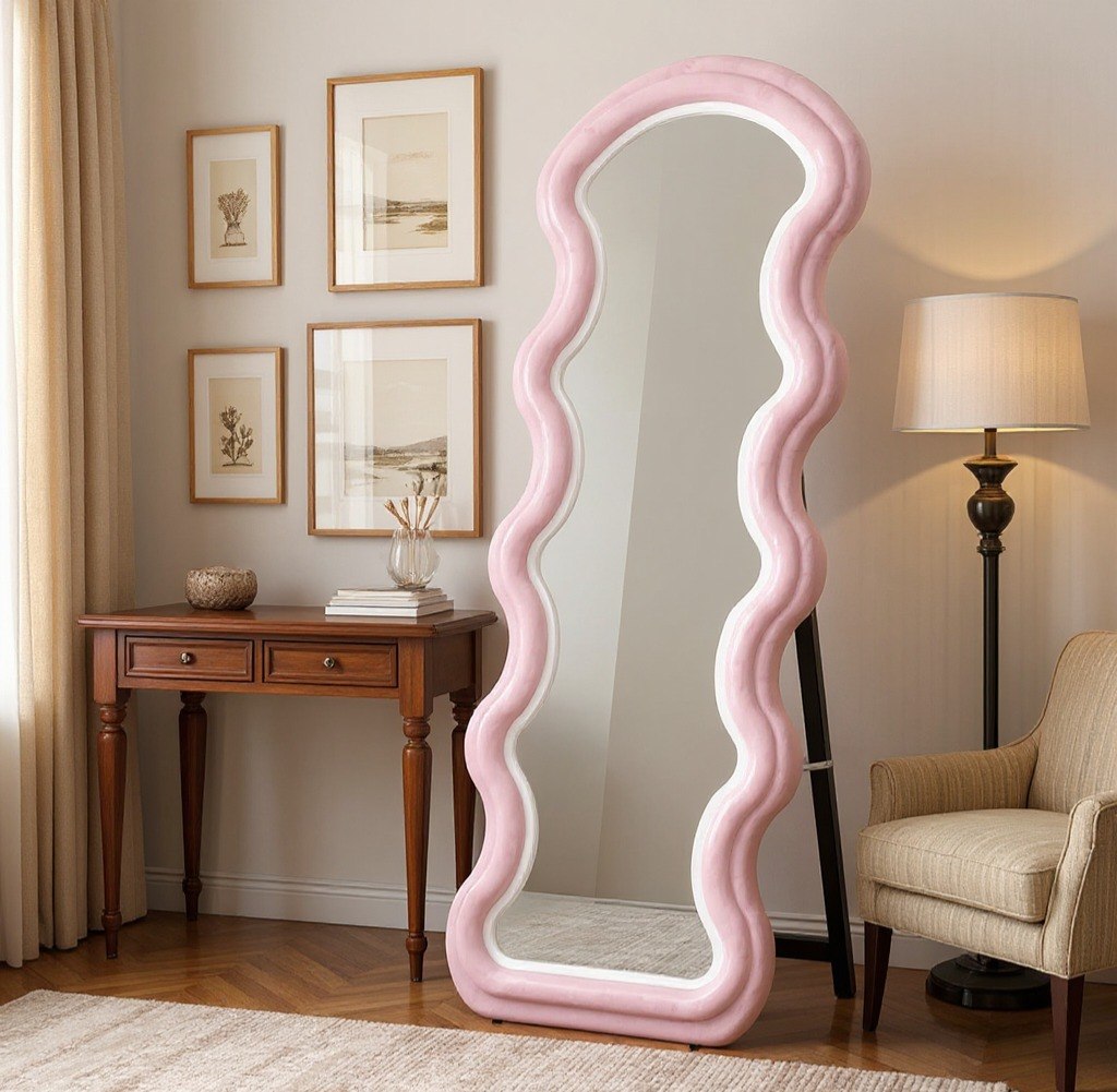ESPEJO DE CUERPO COMPLETO ONDULADO ATERCIOPELADO COLOR ROSADO 60X160CM