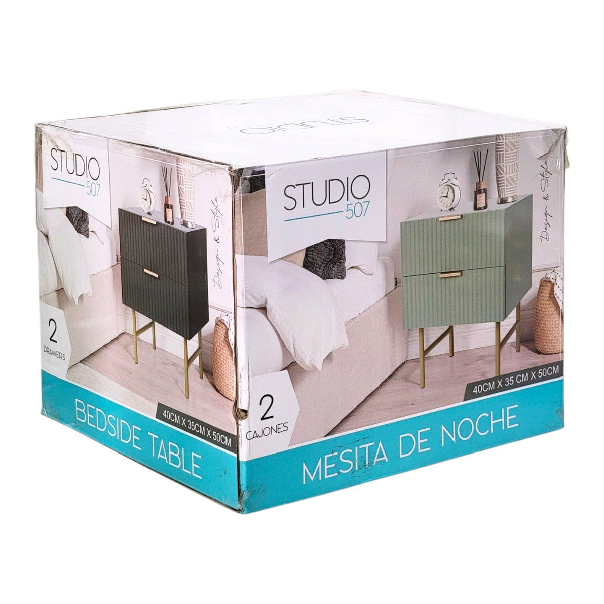 MESA DE NOCHE CON 2 CAJONES COLOR VERDE ESTILO NATURAL STUDIO 507 40X35X50CM