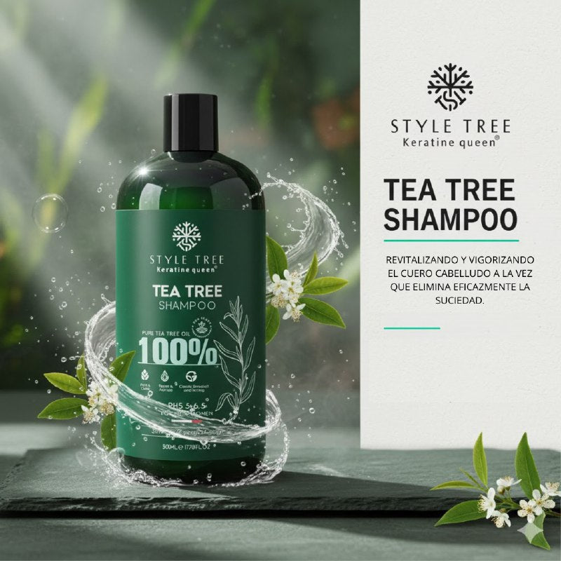 SHAMPOO PARA EL CABELLO DE ARBOL DE TE 500ML, QUE OFRECE UNA EXPERIENCIA COMPLETA PARA REVITALIZAR Y VIGORIZAR EL CABELLO, ELIMINA LA SUCIEDAD Y ACEITE KERATINE QUEEN