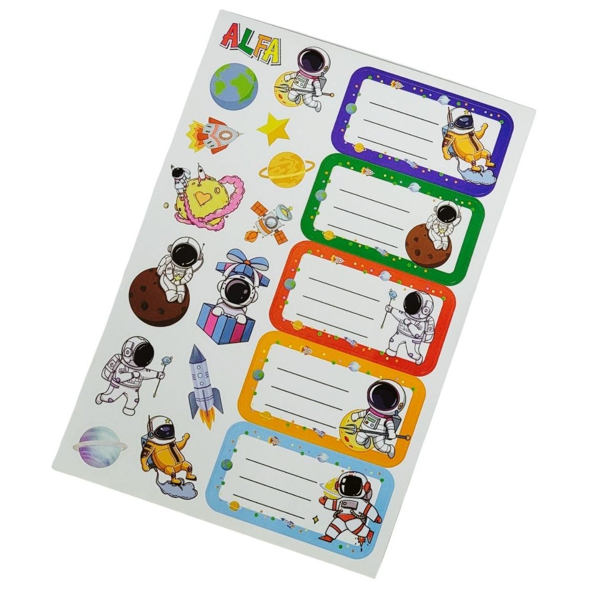 ETIQUETAS ADHESIVAS ESCOLARES PARA ROTULACION CON DISEÑO DE ASTRONAUTA ALFA