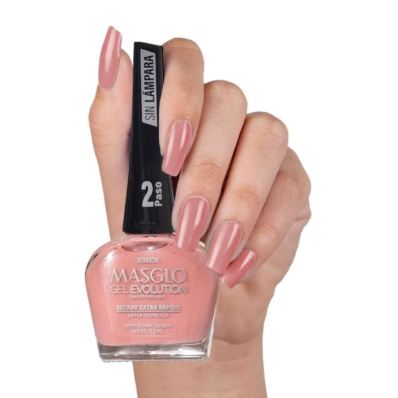 ESMALTE PARA UÑAS DE SECADO RAPIDO COLOR ROSA SALMON BOMBÓN GEL EVOLUTION MASGLO 13.5ML
