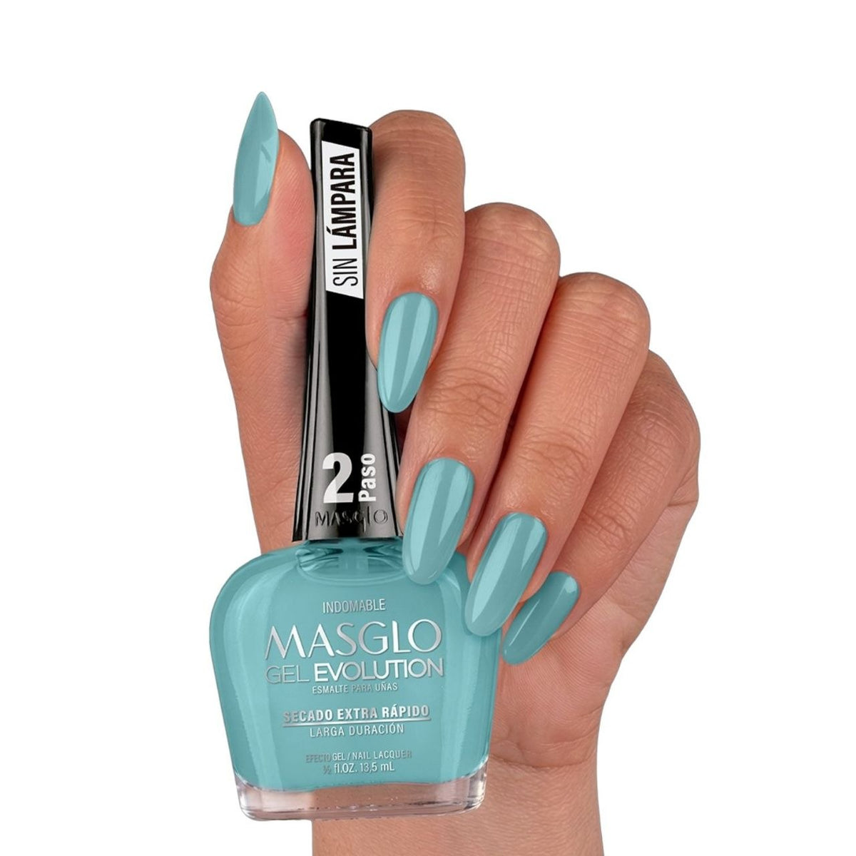 ESMALTE PARA UÑAS DE SECADO RAPIDO COLOR AZUL TURQUESA SUAVE INDOMABLE GEL EVOLUTION MASGLO 13.5ML
