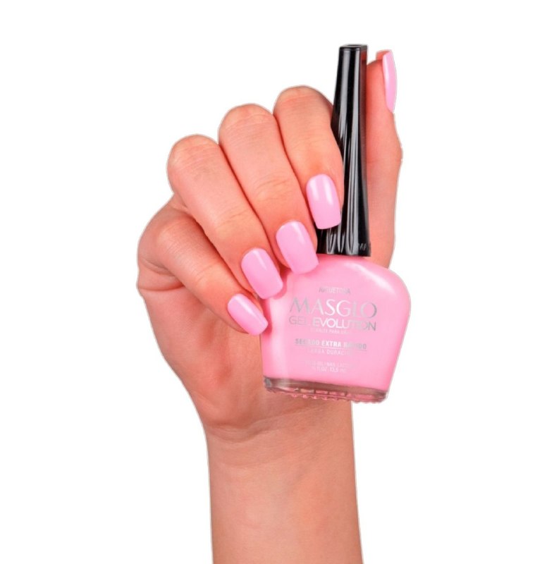 ESMALTE PARA UÑAS DE SECADO RAPIDO COLOR ROSA CHICLE CLARO JUGUETONA GEL EVOLUTION MASGLO 13.5ML