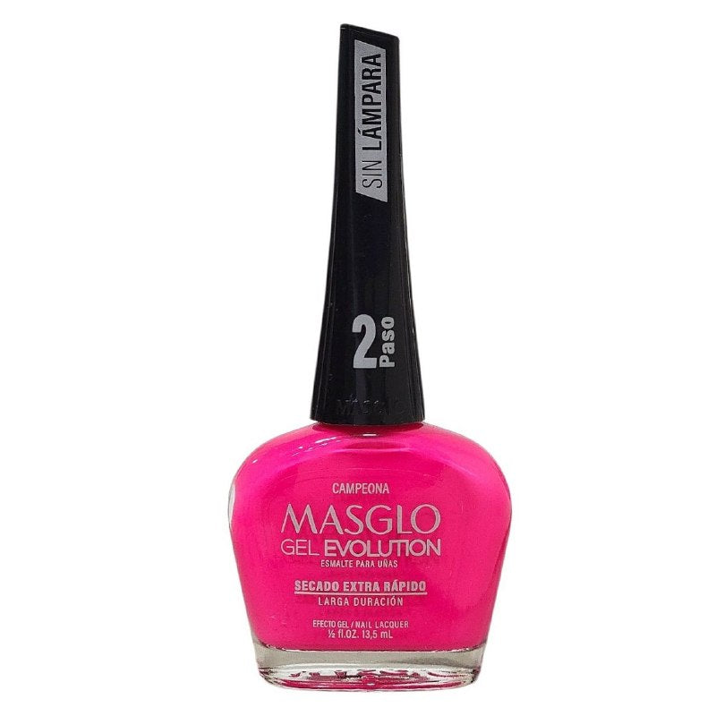 ESMALTE PARA UÑAS DE SECADO RAPIDO COLOR FUCSIA VIBRANTE CAMPEONA GEL EVOLUTION MASGLO 13.5ML