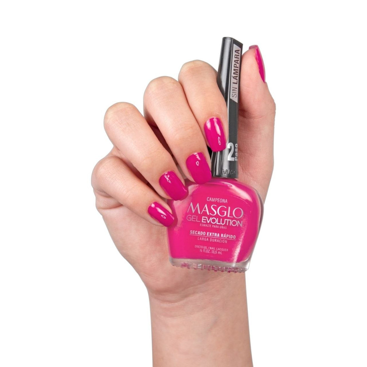 ESMALTE PARA UÑAS DE SECADO RAPIDO COLOR FUCSIA VIBRANTE CAMPEONA GEL EVOLUTION MASGLO 13.5ML