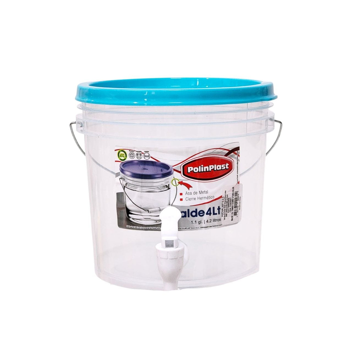 RECIPIENTE BALDE PARA LIQUIDOS CON DISPENSADOR ASA DE METAL Y CIERRE HERMETICO POLINPLAST 4L