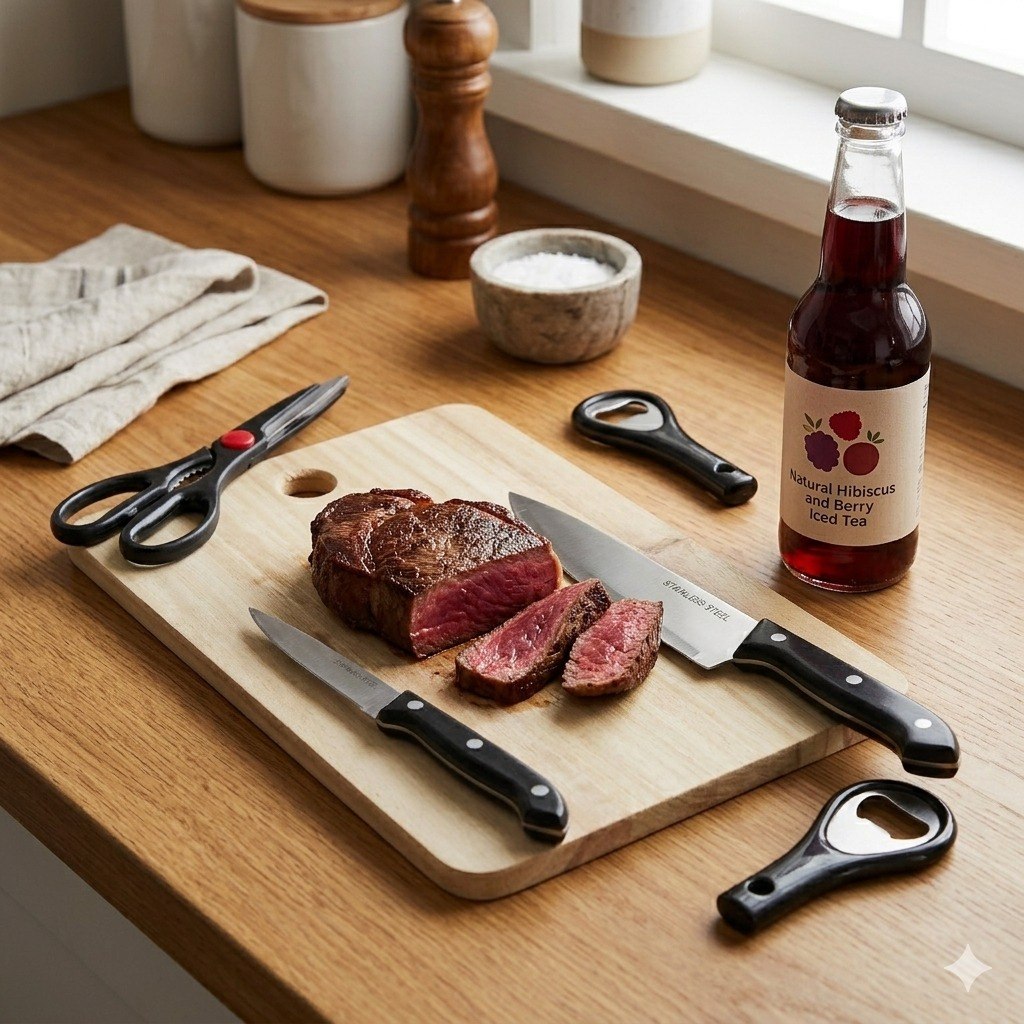 SET DE COCINA CON TABLA DE MADERA Y CUCHILLOS DE ACERO INOXIDABLE 6PCS LOTUS