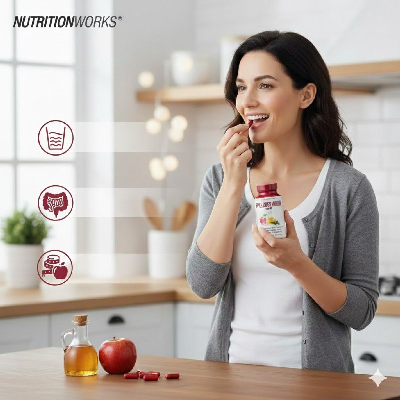 VITAMINAS CAPSULAS SABOR VINAGRE DE SIDRA DE MANZANA 500MG, AYUDA A MANTENER EQUILIBRIO HIDRICO, SALUD INTESTINAL, PERDIDA DE PESO, NUTRITIONWORS 90UND