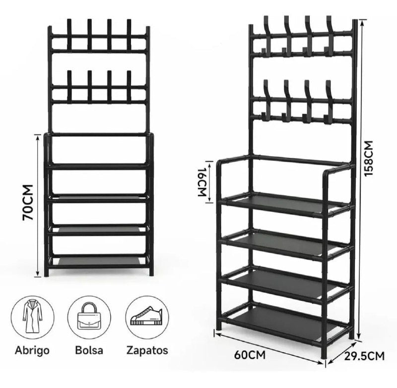 ESTANTE ORGANIZADOR DE METAL DE 4 NIVELES CON 8 GANCHOS PARA COLGAR ROPA, ETC COLOR NEGRO 60CM DE ANCHO