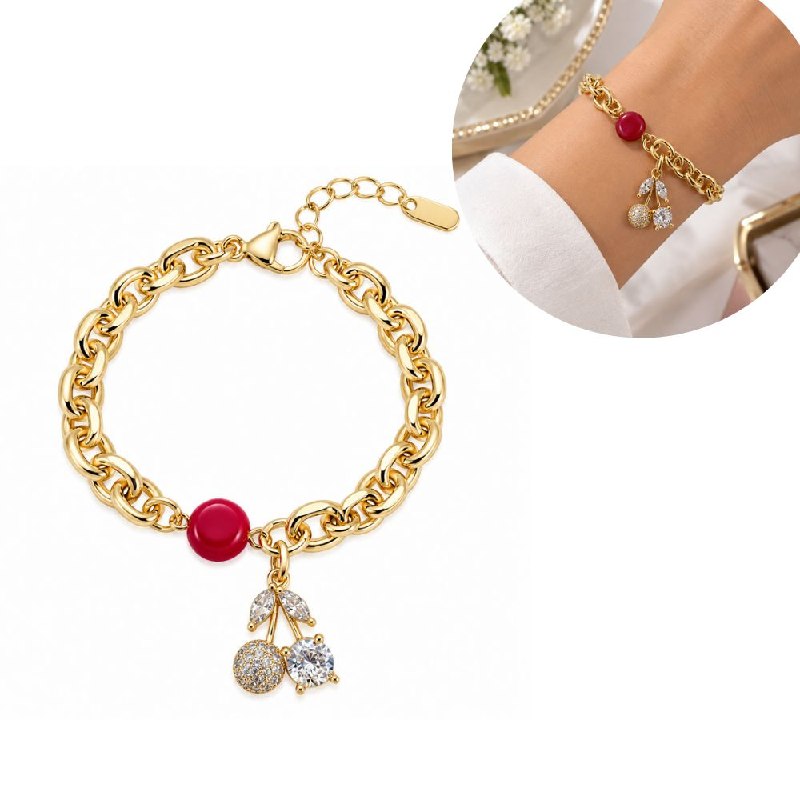 PULSERA DE ENCHAPE PARA DAMA CON DISEÑO DE CEREZA 16CM