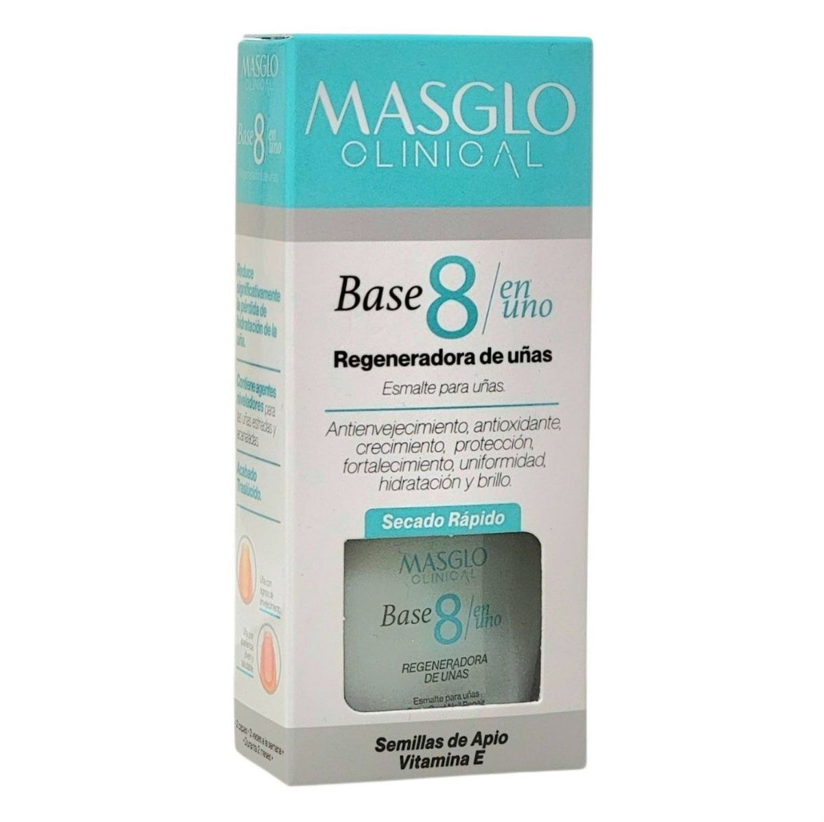 ESMALTE PARA UÑAS ANTIENVEJECIMIENTO BASE 8/UNO FORTALECIMIENTO, UNIFORMIDAD, HIDRATACIÓN MASGLO CLINICAL13.5ML