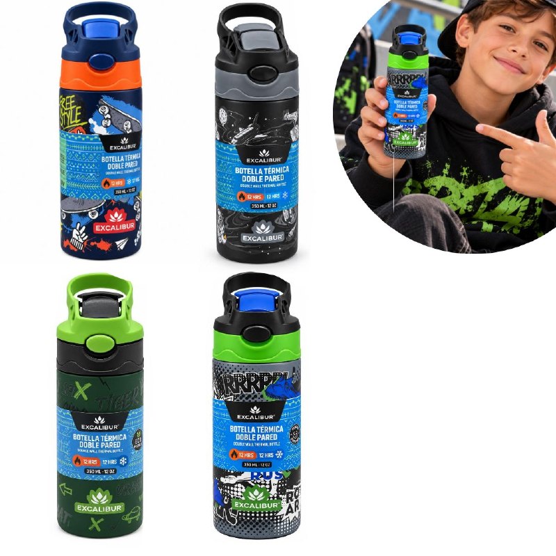 BOTELLA TERMICA DE DOBLE PARED CON ASA PARA NIÑOS EXCALIBUR 350ML
