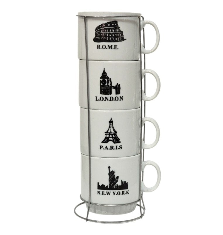 JUEGO DE 4 TAZAS DE CAFE APILABLES CON ESTANTE DE METAL ELEGANTES MINIMALISTAS 9X9CM