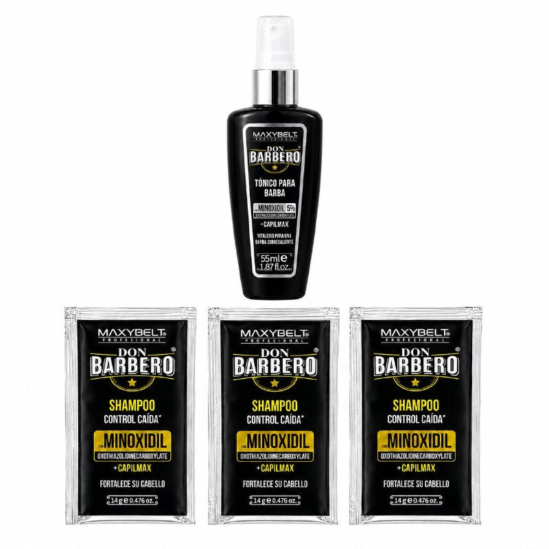 SET DE 4 PIEZAS ESTIMULANTE PARA BARBA CON MINOXIDIL 5% Y CAPILMAX ESTIMULANTE, FORTALECEDOR Y ANTICAIDA MAXYBELT