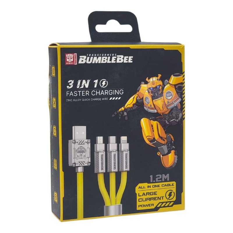 CABLE USB DE CARGA RAPIDA CON MULTIPLES ENTRADAS 3 EN 1 DE ALEAZION DE ZINC TRANSFROMERS BUMBLEBEE 1.2M