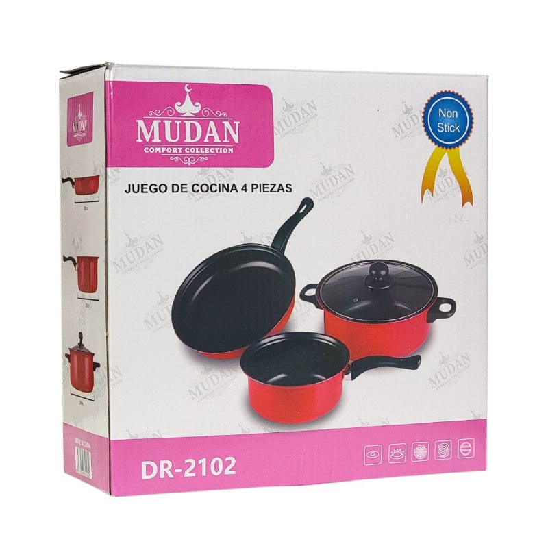 JUEGO DE OLLAS DE COCINA DE ALUMINIO CON REVESTIMIENTO ANTIADHERENTE Y TAPA DE VIDRIO TEMPLADO MUDAN 4PCS