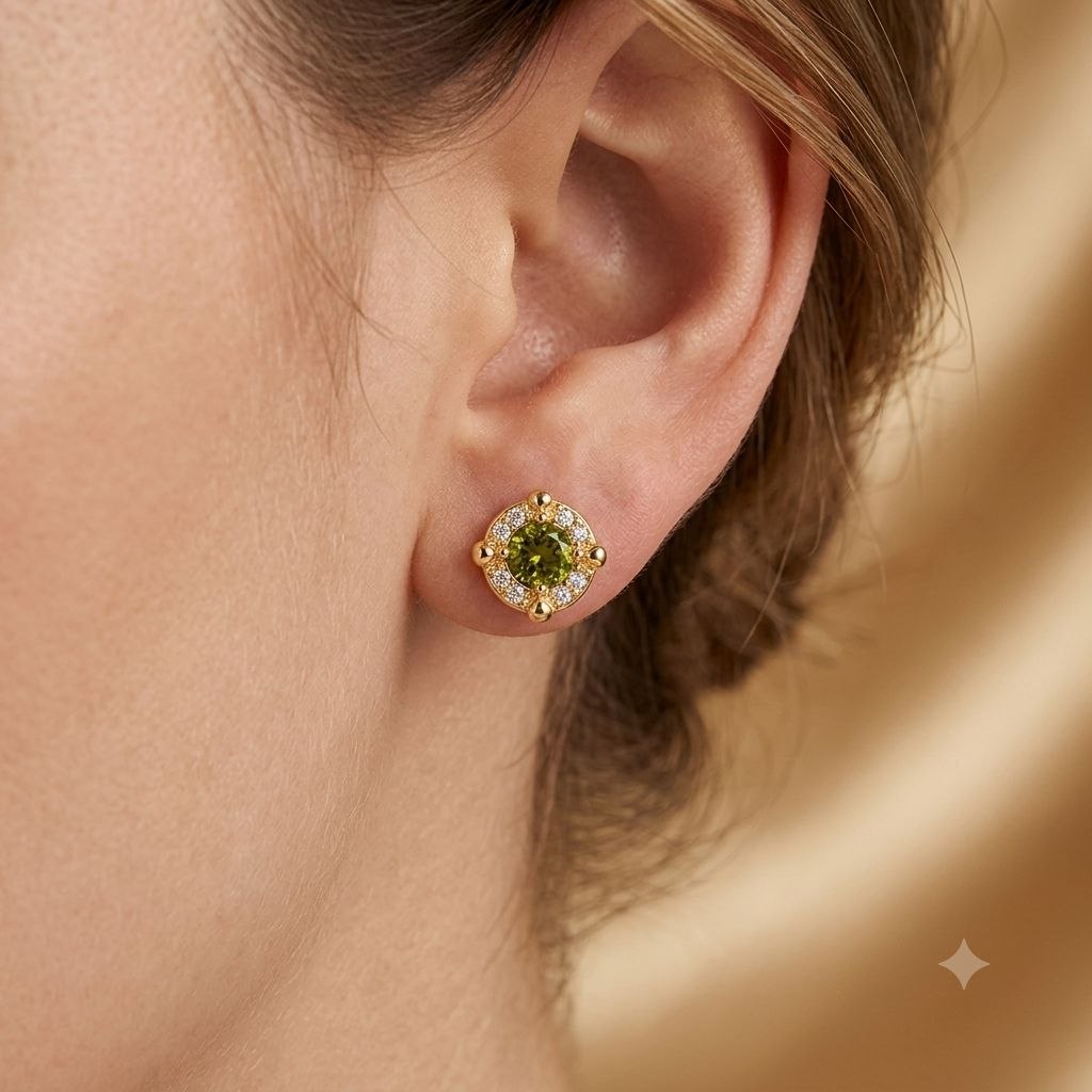 ARITOS DE ENCHAPE PARA DAMA CON DISEÑO PIEDRA VERDE 1 CM