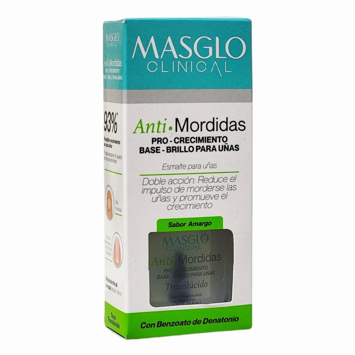 ESMALTE PARA UÑAS DOBLE ACCIÓN ANTI MORDIDAS PRO-CRECIMIENTO BASE-BRILLO MASGLO CLINICAL 13.5ML