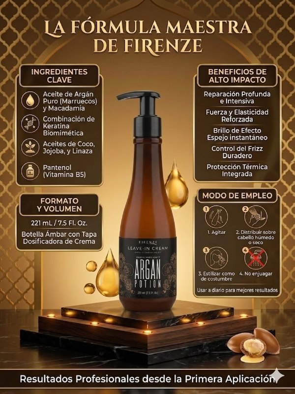 CREMA PARA PEINAR SIN ENJUAGUE HIDRATANTE Y REPARADORA DE EXTRACTO DE ACEITE DE ARGAN FIRENZE 221ML
