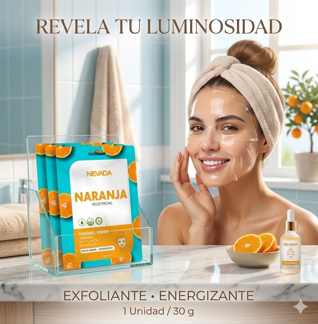MASCARILLA FACIAL ILUMINADORA Y ANTIOXIDANTE DE NARANJA VITAMINA E Y ACIDO HIALURONICO NEVADA