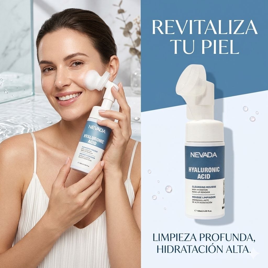ESPUMA FACIAL LIMPIADORA Y DESMAQUILLANTE CON ACIDO HIALURONICO INCLUYE APLICADOR NEVADA 120ML