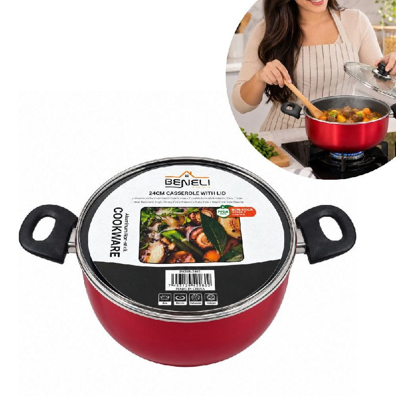 OLLA CACEROLA ANTIADHERENTE CON TAPA DE VIDRIO DE 24CM BENELI HOME