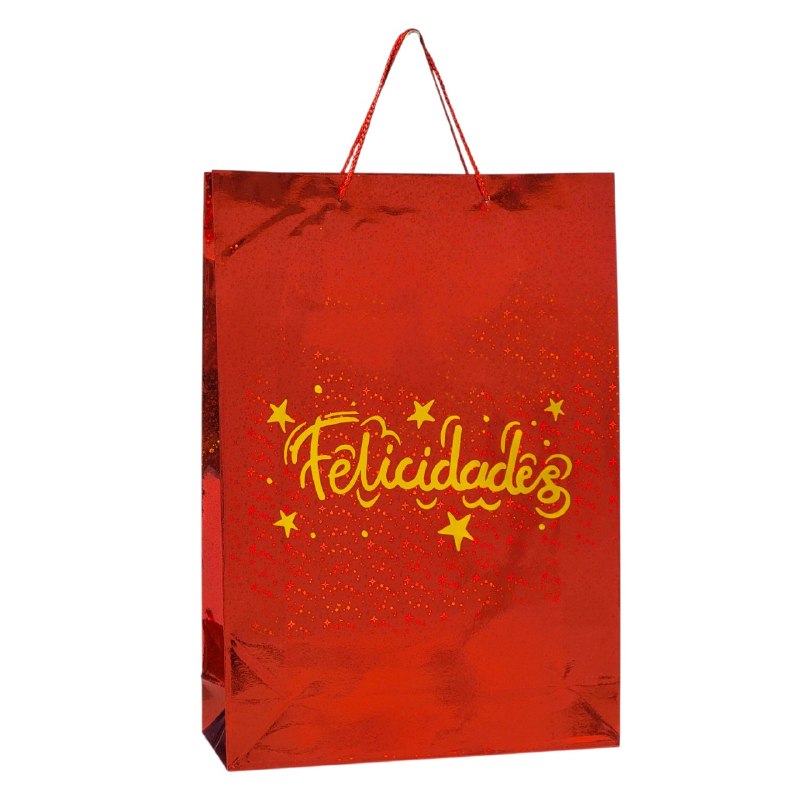 BOLSA DE REGALO EXTRA GRANDE DE FELICIDADES CON ACABADO METALICO 45X33CM