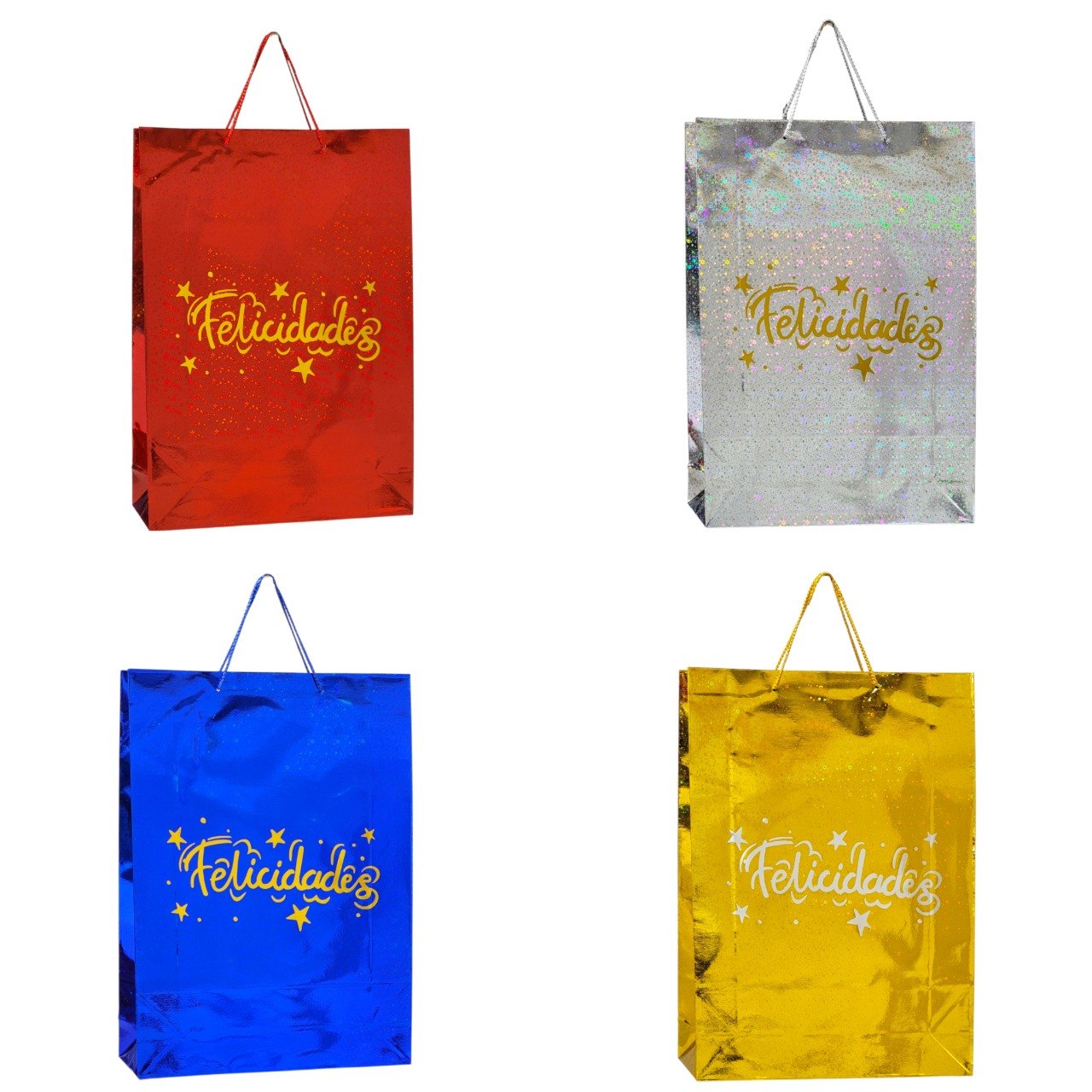 BOLSA DE REGALO EXTRA GRANDE DE FELICIDADES CON ACABADO METALICO 45X33CM
