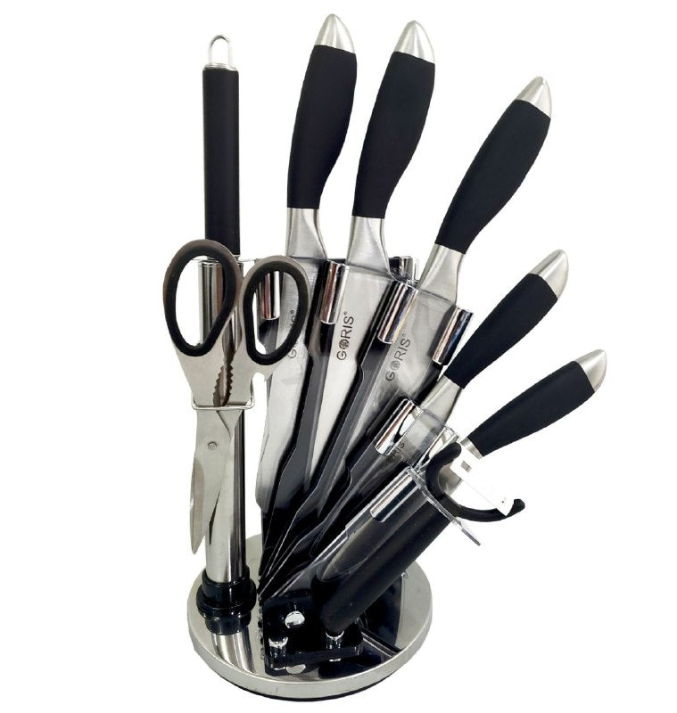 JUEGO DE CUCHILLOS DE COCINA DE ACERO INOXIDABLE CON SOPORTE, AFILADOR Y TIJERA GORIS 9PCS