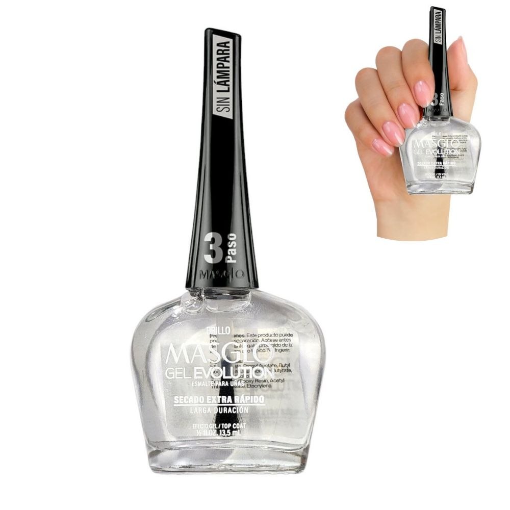 ESMALTE PARA UÑAS DE SECADO RAPIDO BRILLO FINALIZADOR MASGLO 13.5ML PASO 3
